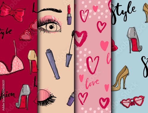 Fashion cosmetics accessories seamless pattern vector colors bright pink styl...