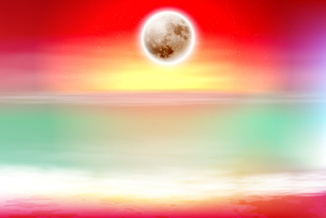 Wall Mural - Colorful purple beach with full moon at night. EPS10 vector.