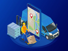 Isometric Online Express, Free, Fast Delivery, Shipping Concept. Checking Delivery Service App On Mobile Phone. Delivery-truck With Cardboard Box, Mobile Phone Background. Vector Illustration