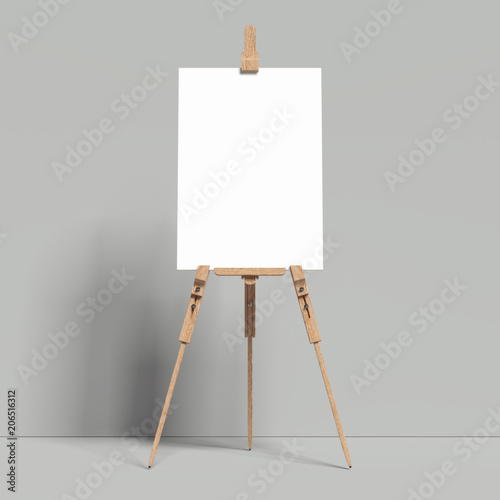 Fotografía White easel stands next to grey wall, 3d rendering