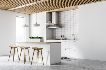 White modern kitchen interior, side view