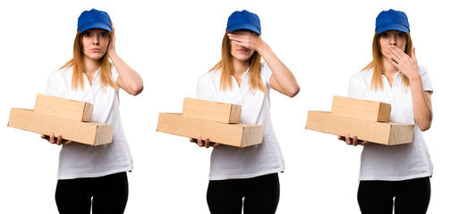 Canvas Print - Set of Delivery woman covering her eyes, ears and mouth