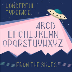 Fototapete - Vector alphabet uppercase letters in space, UFO concept. Cosmos cartoon font for typography. Modern typographic element, trendy typeface with extraterrestrial theme