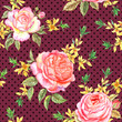 © Ollga P - Seamless pattern of pink roses and sprigs of forsythia on the background of polka dots, watercolor.
