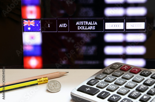 Five Cents Coin Of Australia And Calculator With Pencils On The White Floor And Digital Board Five Cents Coin Of Australia And Calculator With Pencils On The White Floor And Digital Board