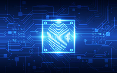 Fingerprint integrated in a printed circuit, releasing binary codes. fingerprint Scanning Identification System. Biometric Authorization and Business Security Concept. Vector illustration background