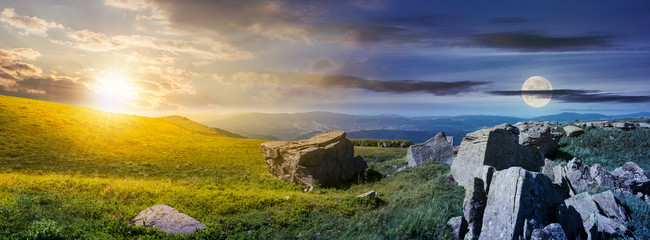 Wall Mural - time change over the panorama of runa mountain. moon and sun on the sky over the huge rocky formatio
