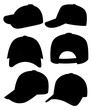 Black silhouette. Baseball cap. Collection of various caps. Summer hats for children and adults. Cartoon style design. Vector illustration isolated on white background