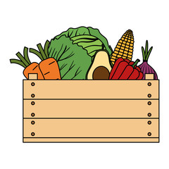 Sticker - group of vegetables in wooden box vector illustration design