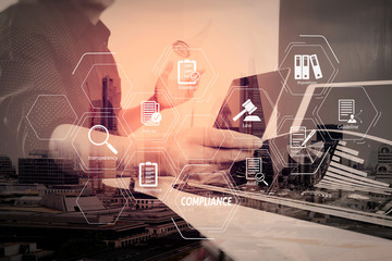 Poster - businessman working with smart phone and digital tablet and laptop computer and document in modern office with London city exposure
