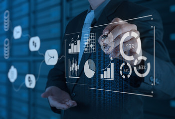 Aufkleber - Data Management System (DMS) with Business Analytics concept. businessman working with provide information for Key Performance Indicators (KPI) and marketing analysis onn virtual computer