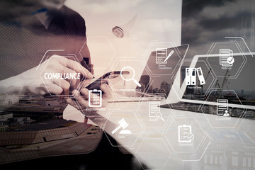 Poster - businessman working with smart phone and digital tablet and laptop computer and document in modern office with London city exposure