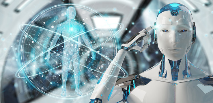 White man robot scanning human body 3D rendering
