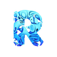 Fototapete - Alphabet letter R uppercase. Blue font made of ink splash in water. 3D render isolated on white background.