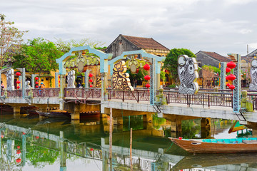 Boat near Embankment of Thu Bon River Hoi An