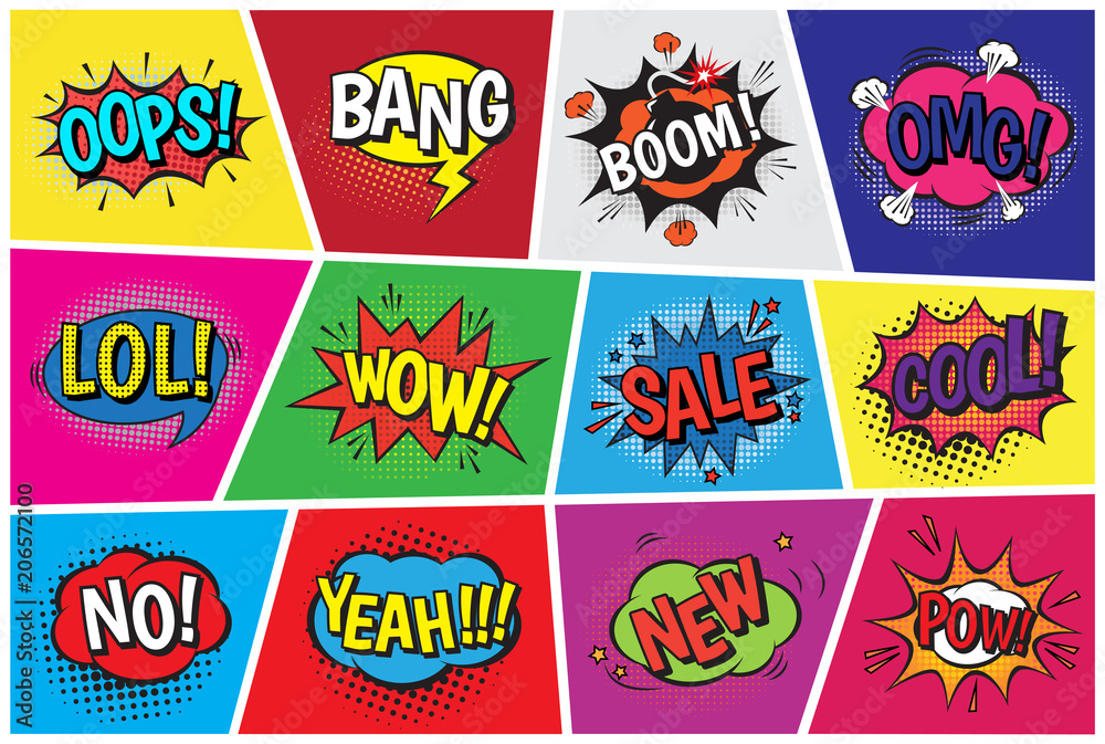Pop art comic vector speech cartoon bubbles in popart style with humor text boom or bang bubbling expression asrtistic comics shapes set isolated on background illustration - obrazy, fototapety, plakaty 