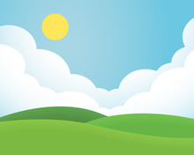 Flat Design Illustration Of Landscape With Meadow And Hill Under Blue Sky With Clouds And Sun