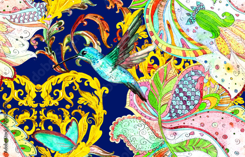 Tela seamless texture with bizarre ornament and golden foliage