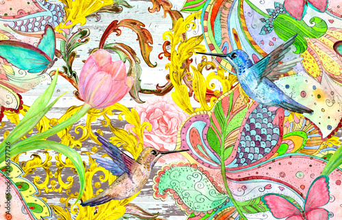 Papel de parede vintage seamless texture with bizarre ornament and hummingbirds