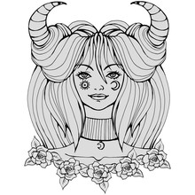 Realistic Detailed Hand Drawn Illustration Of Beautiful Young Woman With Horns, Sun And Crescent Moon Symbols On Face. Cosmic Goddess Graphic Vintage Tattoo Style Image On Alchemy Theme.T-shirt Print.