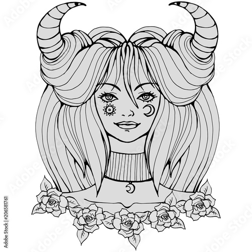 Realistic Detailed Hand Drawn Illustration Of Beautiful Young Woman With Horns Sun And Crescent Moon Symbols On Face Cosmic Goddess Graphic Vintage Tattoo Style Image On Alchemy Theme T Shirt Print Buy This