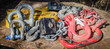 Heavy duty recovery equipment for 4x4 offroad use with chains, shackles and belts outdoors