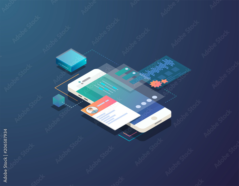 Mobile development concept. Isometric mobile phone with futuristic UI and layers of applications. App on mobile phone. Innovation in UI and software development.  - obrazy, fototapety, plakaty 