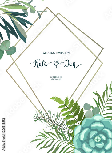 Greenery floral frame with leaves, succulent plant, branches and cactus. Perf...