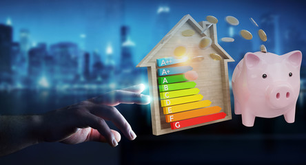 Wall Mural - businessman saving money with good energy chart rating 3d rendering