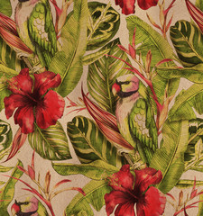  Seamless watercolor pattern with hibiscus, palm leaves, branch of strelitzia, calathea, parrot.Tropic  vintage background