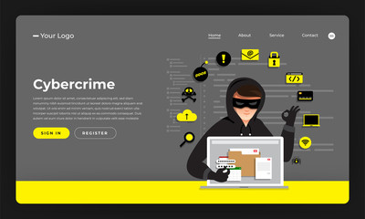 Mock-up design website flat design concept hacker activity cybercrime and cyber thief.  Vector illustration.
