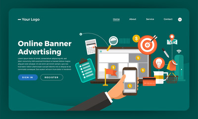Wall Mural - mock-up design website flat design concept digital marketing. online banner advertising. vector illu