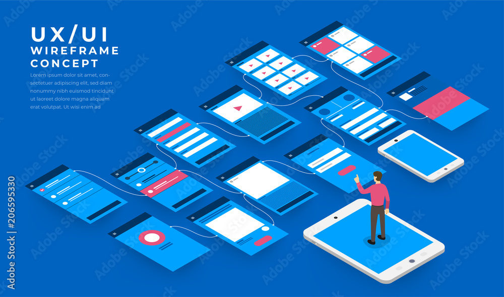 UX UI Flowchart. Mock-ups mobile application concept isometric flat ...