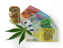 Cannabis Leaf With Euro Bills Isolated On White Background