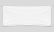 Empty mockup white textile banner with folds on ropes.