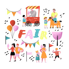 Summer Fun Fair. Amusement Park Characters With Cartoon People. Family Kids Vacation. Vector Illustration