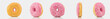 Bunch Of Delicious Pink Colored Donut On White Background With White Chocolate On It.Isolated