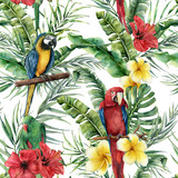 Fototapeta Sypialnia - Watercolor tropical seamless pattern with tropical leaves and parrot. Hand painted flowers and palm branch on white background. Botanical illustration for design, print, fabric or background.