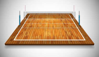 Wall Mural - Perspective vector illustration of hardwood vollyball field court with net. Vector EPS 10. Room for copy