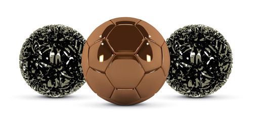 Wall Mural - Gold soccer ball and abstract metal ball on white background. Golden football ball. Bronze 3d ball