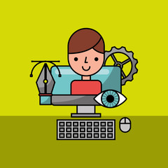 designer character in computer graphic creative process vector illustration