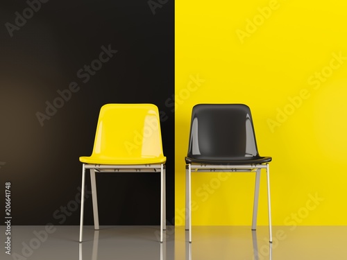 Cuadros en Lienzo Two chairs in front of black and yellow wal