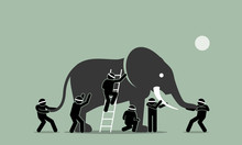 Blind Men Touching An Elephant. Vector Artwork Illustration Depicts The Concept Of Perception, Ideas, Viewpoint, Impression, And Opinions Of Different People In Different Standpoints.