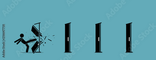 Cuadros en Lienzo Man kicking down and destroying door one by one