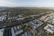 Aerial view of Encino homes, apartments and the Ventura 101 in the San Fernando Valley area of Los Angeles, California.  