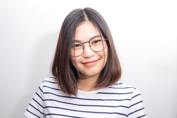 Asian glasses women smiling on white background