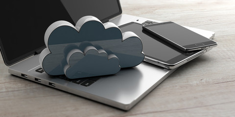 Poster - mobile phone, tablet and computer with a storage cloud on wooden background. 3d illustration