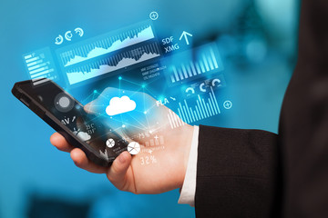 hand using phone with cloud technology and linked information concept