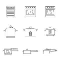 Sticker - Cooker oven stove pan burner icons set. Outline illustration of 9 cooker oven stove pan burner vector icons for web