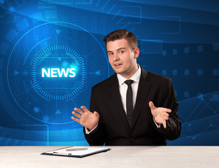 Wall Mural - Modern televison presenter telling the news with tehnology background concept